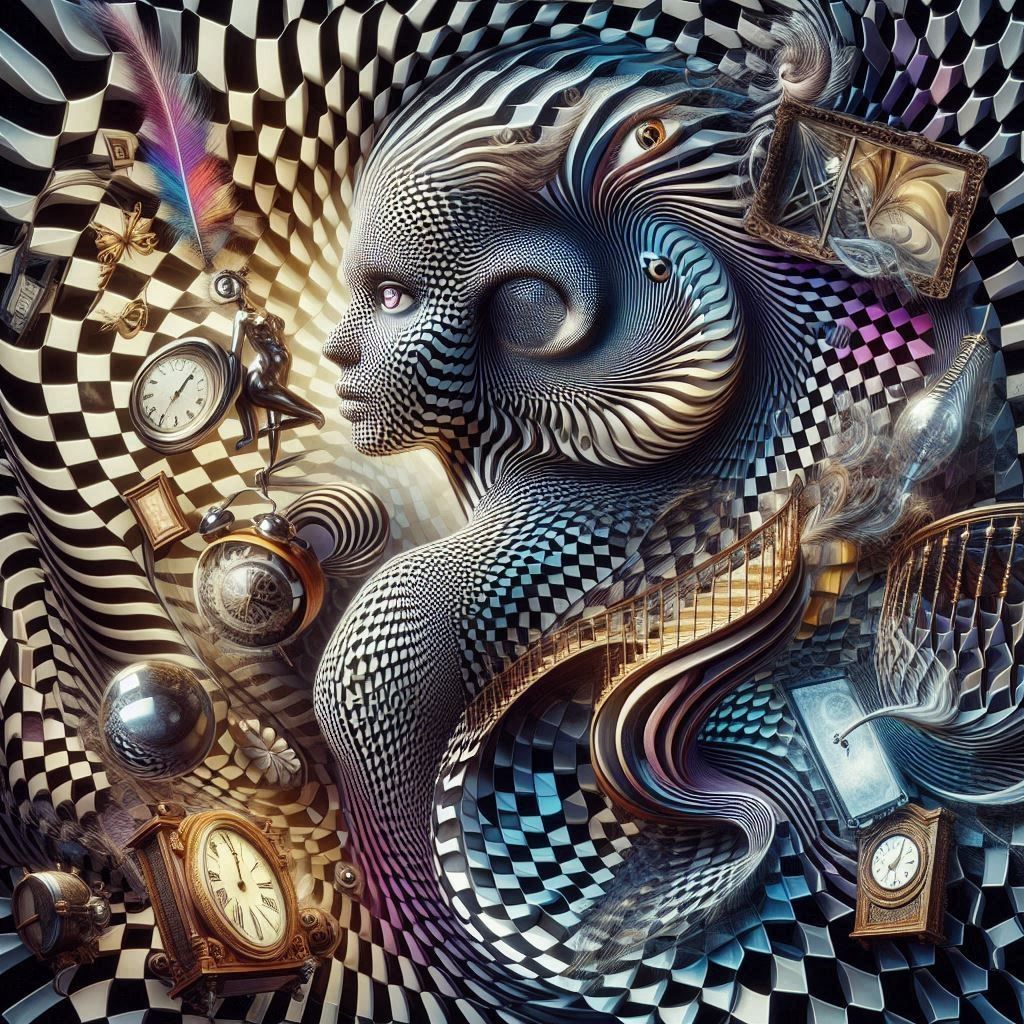 Female and Surreal op-art dreamscape with kaleidoscopic geom...