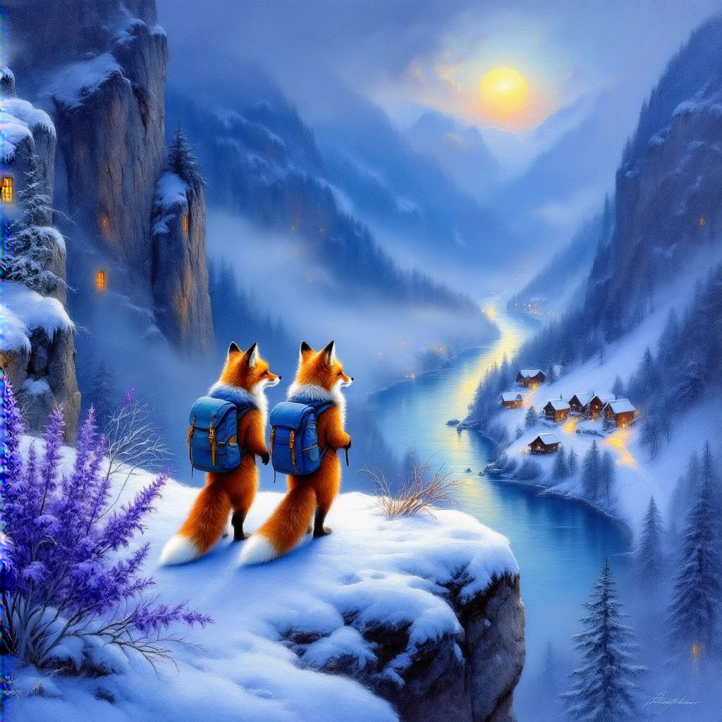 Two foxes are carrying their  backpacks on the edge of a cli...
