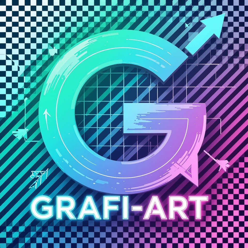 A modern and dynamic logo design for 'grafi-art'. The logo features a large, abstract 'G' symbol, inside which is integrated a digital grid ...