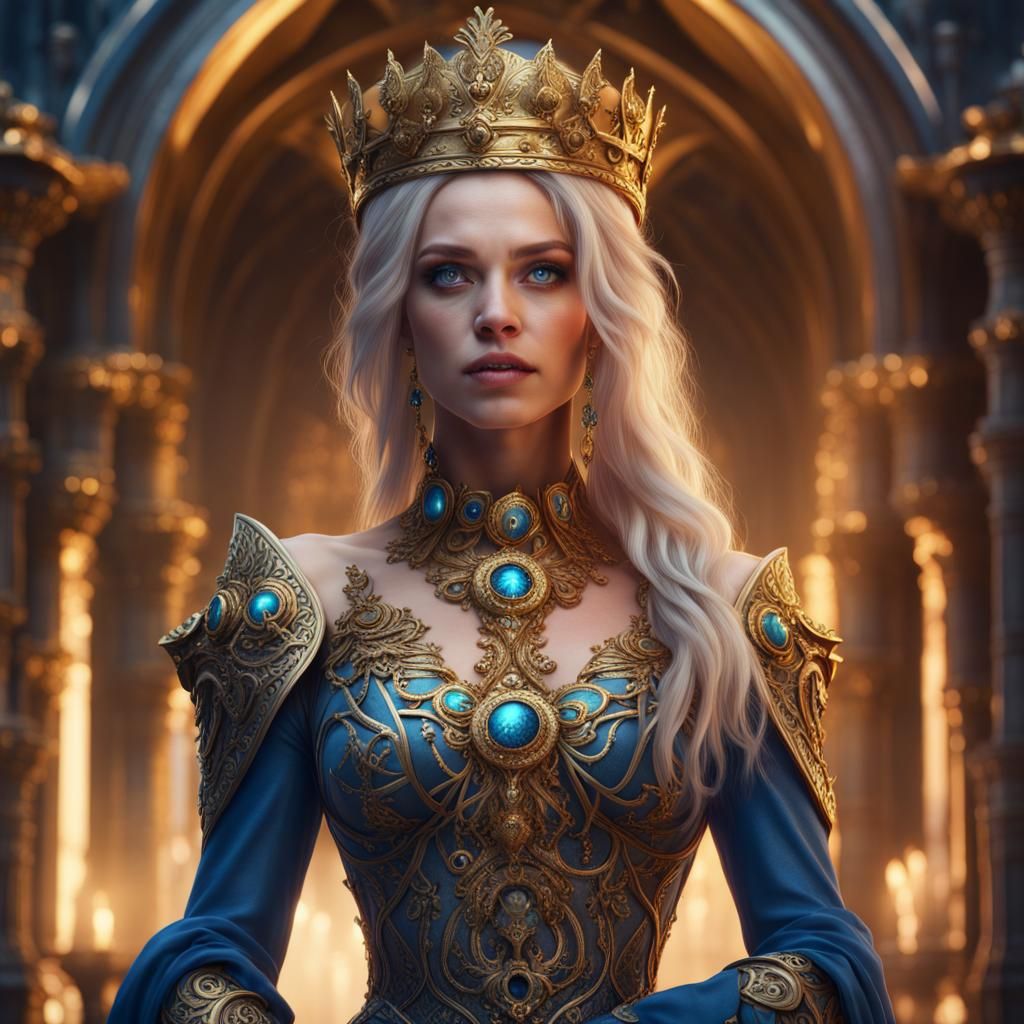 Female queen with gold hair and blue eyes - AI Generated Artwork ...