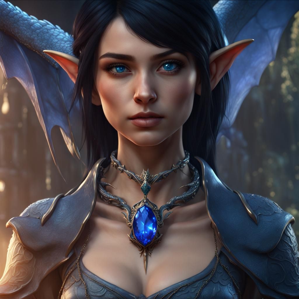 Sapphire Blue Dragon and Dark-Haired Elf in Detailed Fantasy...