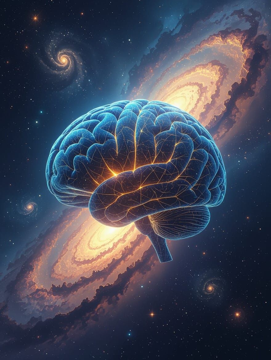 A colossal brain, composed of intricate networks of glowing neurons, floats in a void, contemplating the mysteries of existence. The brain i...