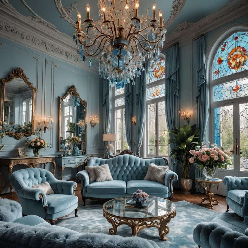 Hyperrealistic Glass Living Room with Fuzzy Blue Furniture