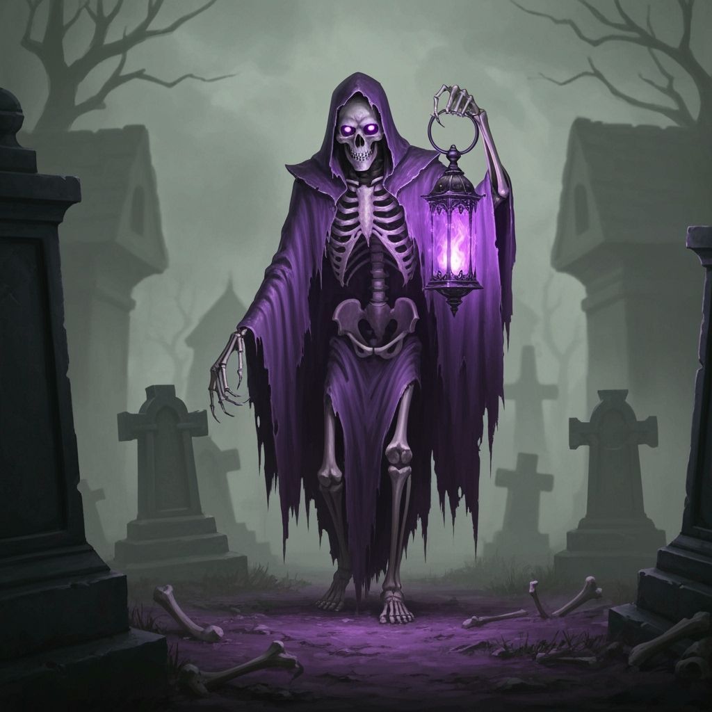 A towering skeleton, its bones draped in tattered violet robes that flutter with the weight of forgotten souls. A cold, eerie purple flame b...