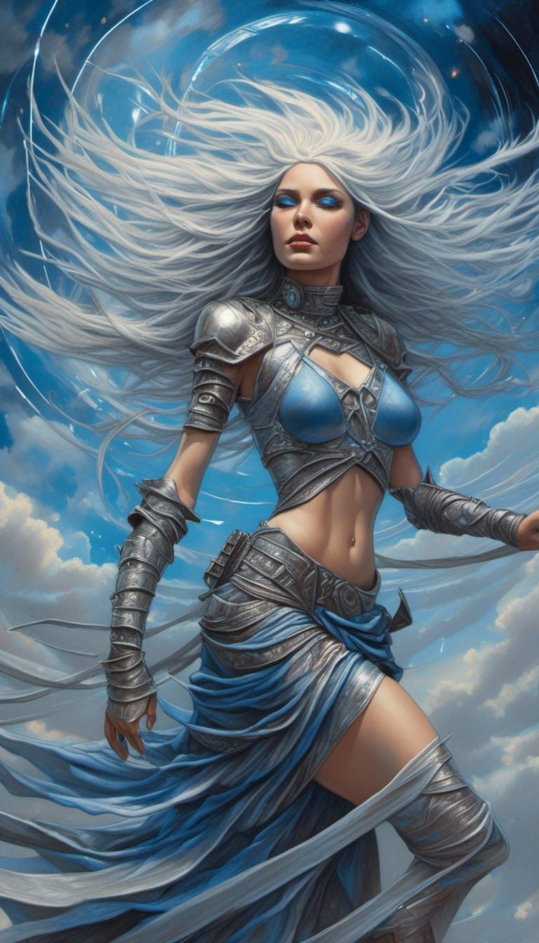 <lora:Warrior1:1.0> Warrior woman wearing blue and silver armory floats gracefully, her long, silvery hair flowing in the breeze. Her sky-bl...