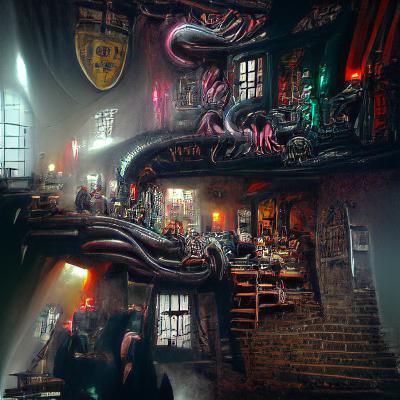 Eldritch Tavern in a Dark Alley with Tentacle Creatures and Fish People