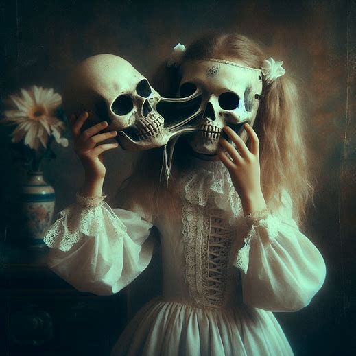 Girl with Death Mask (She Plays Alone) in the style of Anne Bachelier