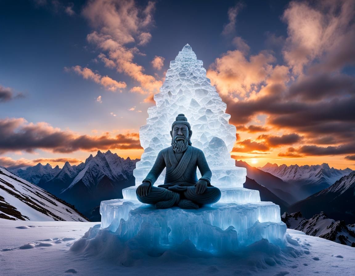 Intricate artistic Ice sculpture of a Himalayan yogi meditating on ...