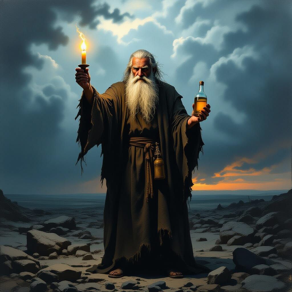 Wise Old Man With Candle and Vinegar Under Stormy Sky