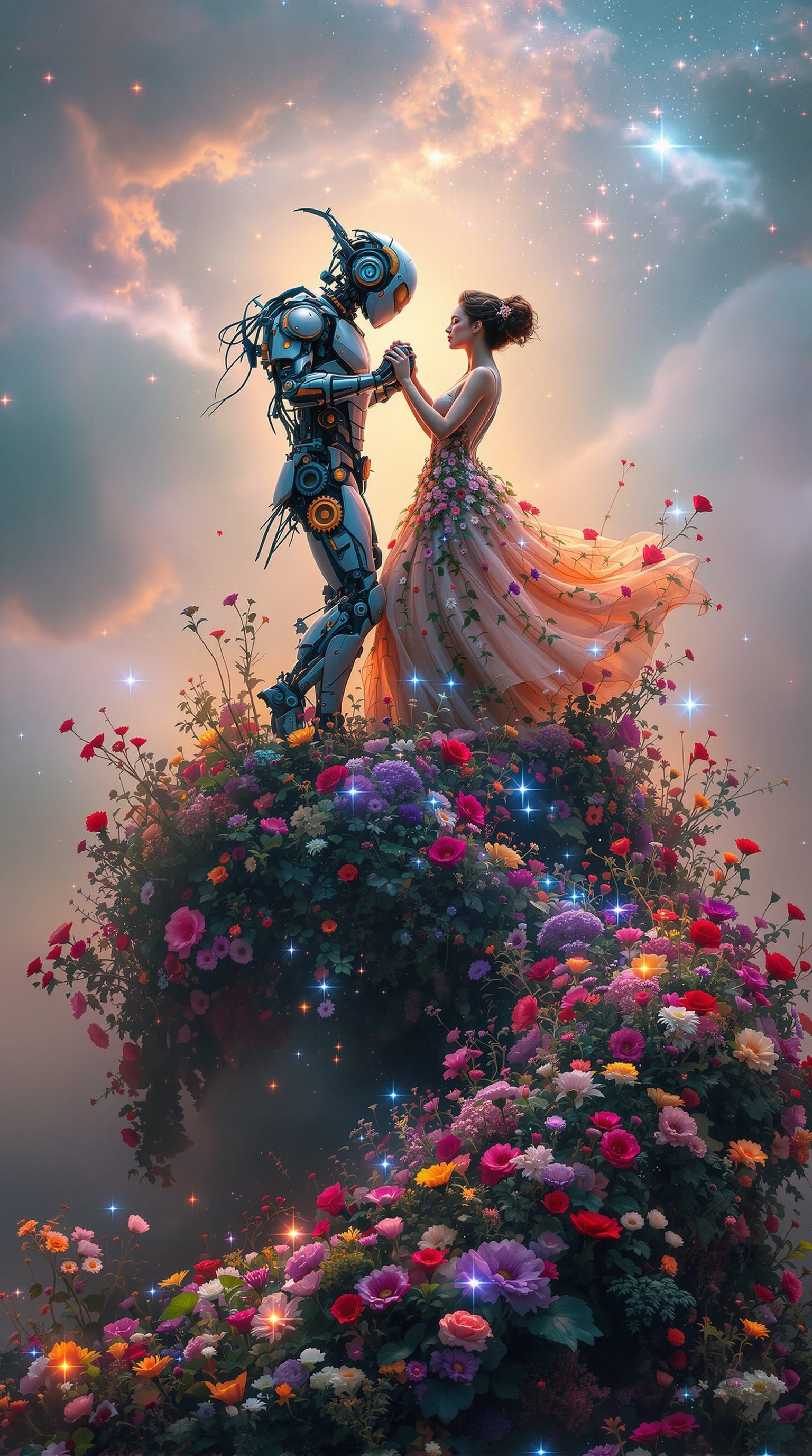 Steampunk Cybernetic Man Dances With Flower Woman in Etherea...