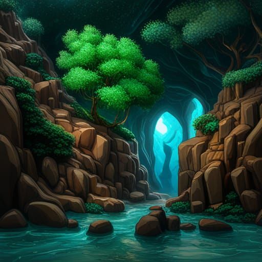 Trees in lit river cave - AI Generated Artwork - NightCafe Creator