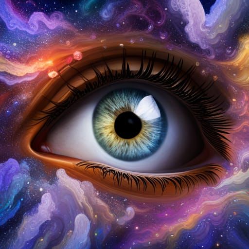 an eye with spiral galaxy iris inside, small black hole pupi...