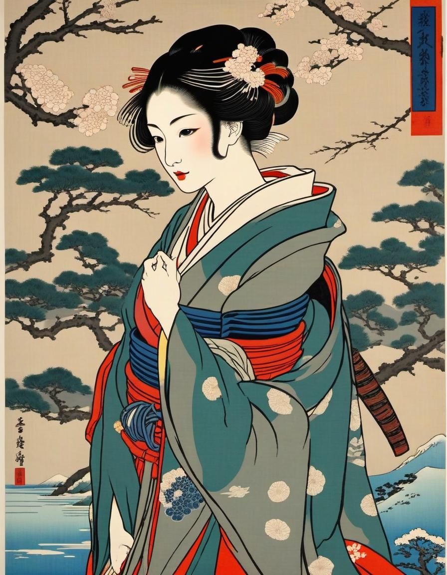 Ukiyo-e, woodblock print, beautiful woman, Hokusai, Hiroshige, - AI ...