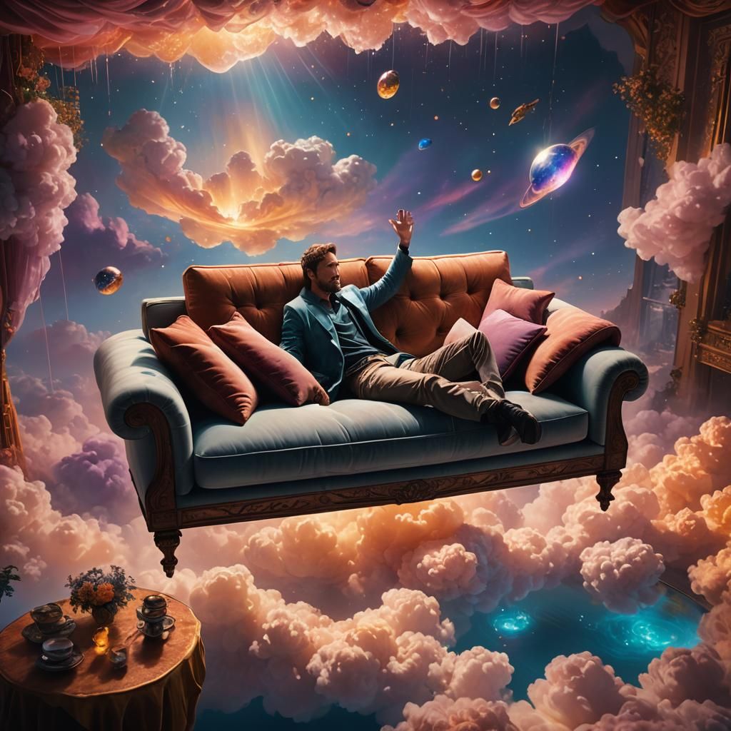 Man on Floating Sofa: Fantasy Concept Art