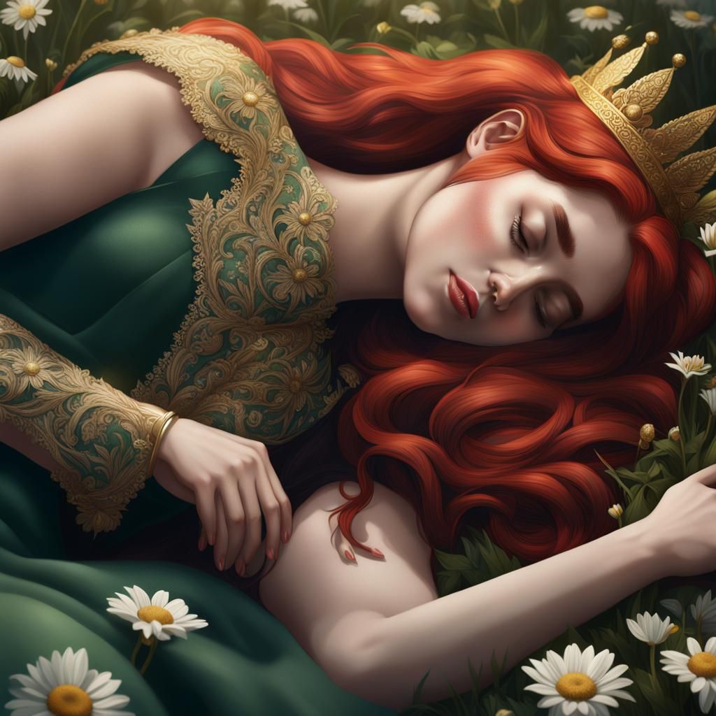 sleeping young woman, red hair, green dress, gold crown, lay...