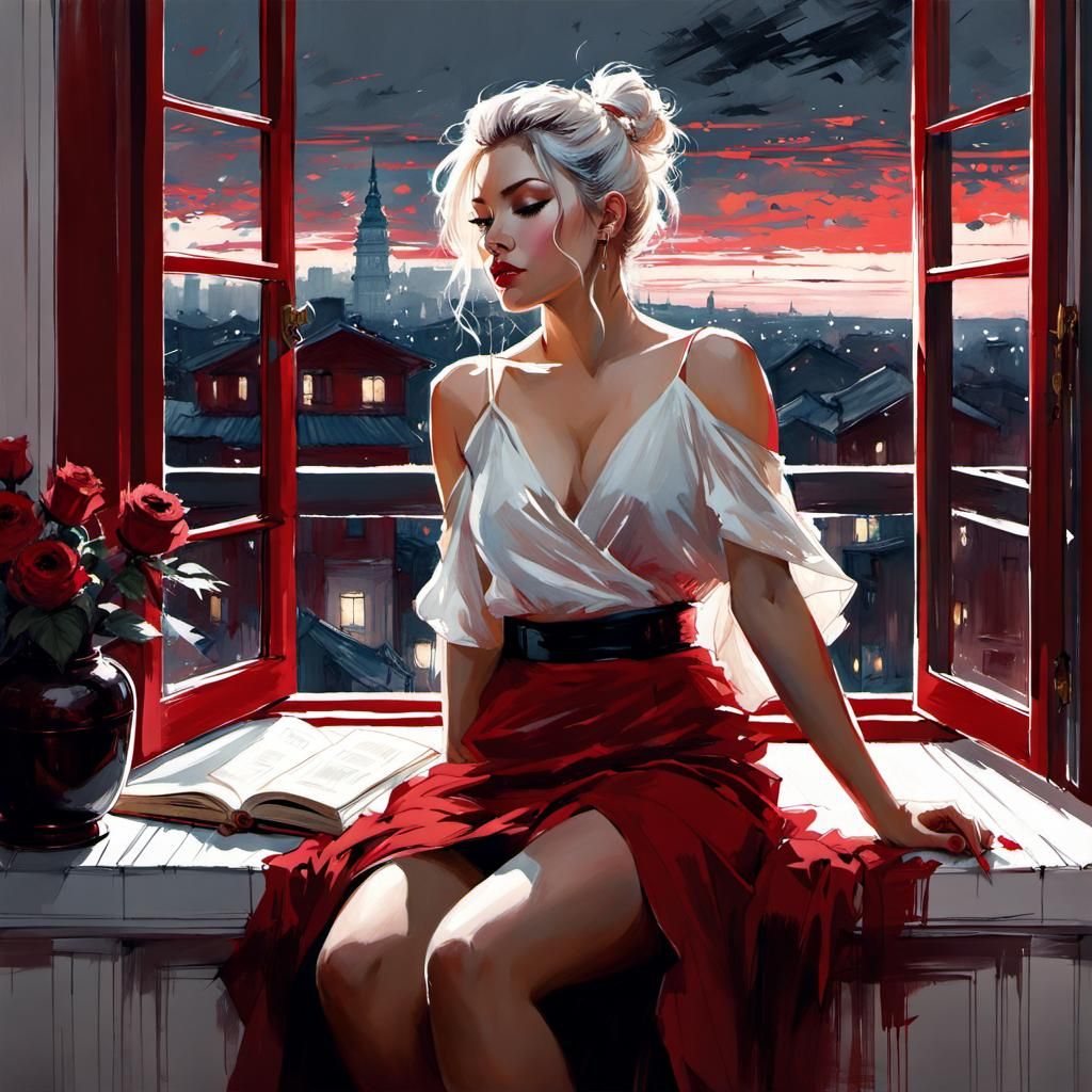 Watercolor Pencil Sketch of Woman in Bay Window