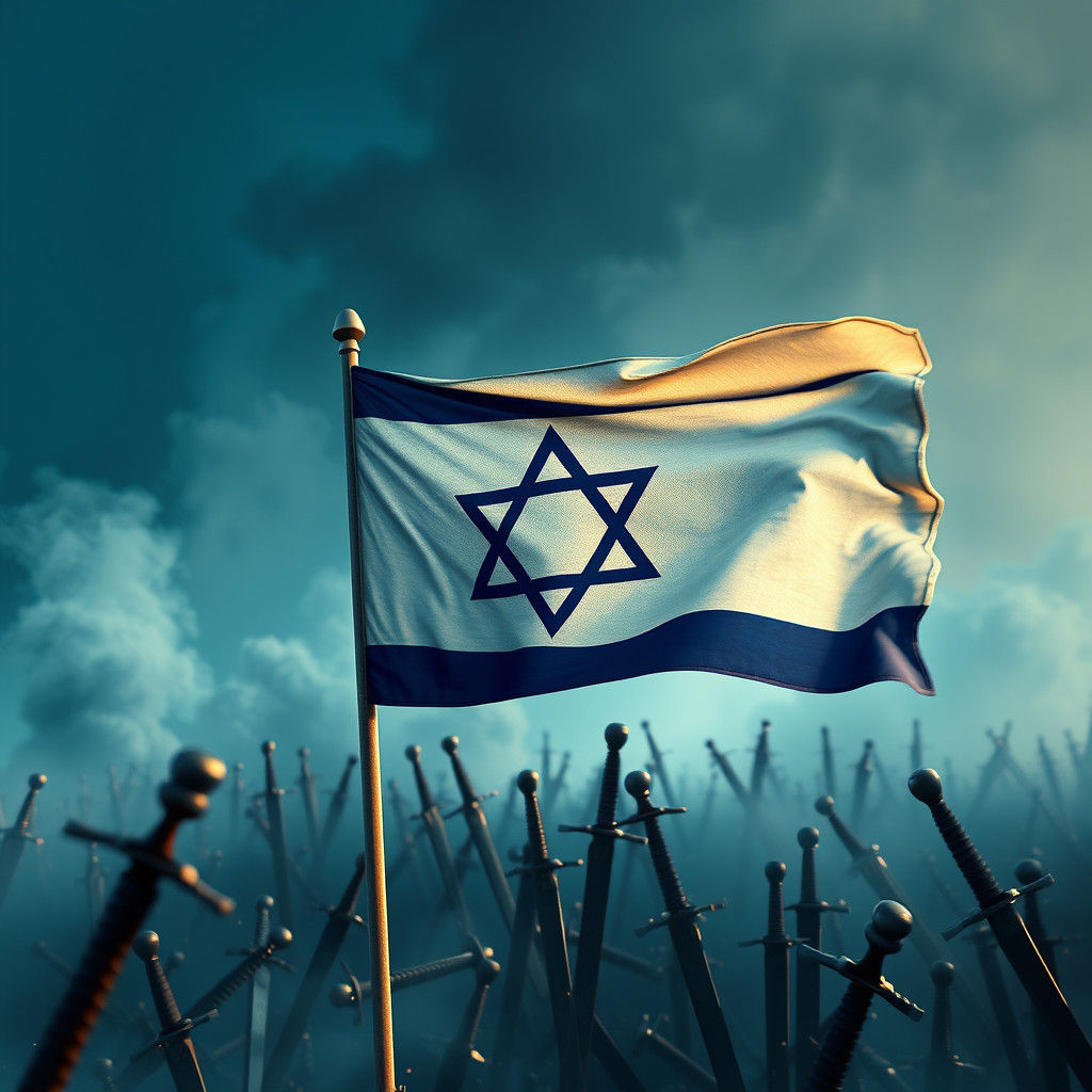 Israel's Flag Amidst War in 3D Cinematic Style