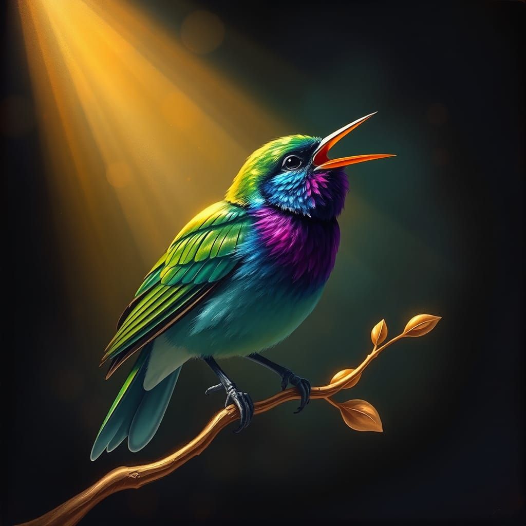 an iridescent bird in a stage spotlight singing  by @miztres