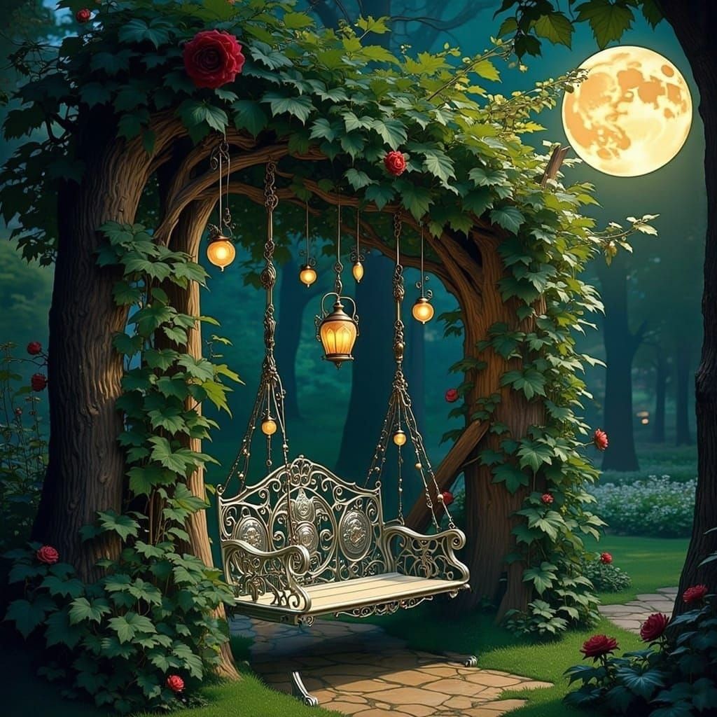 <lora:Art Nouveau Flux:1.0> beautiful ornate antique iron swing set, underneath garden trellis covered in moss and green vines, vintage feel...