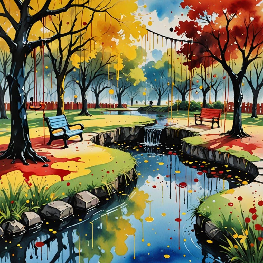Vibrant Park Scene with Watercolor Drips