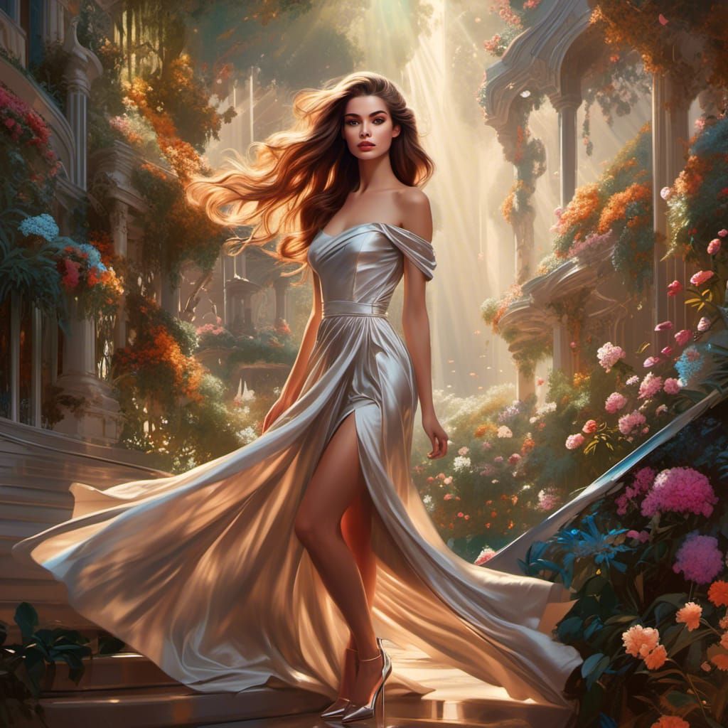 Stunning full length hyper detailed digital drawing masterpiece portrait of a gorgeous woman, brown flowing hair, attractive legs, pinup, co...