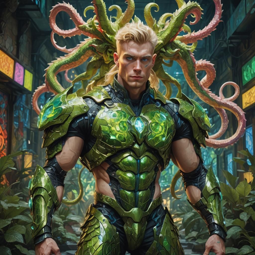 Dynamic Warrior in Kaleidoscopic Armor