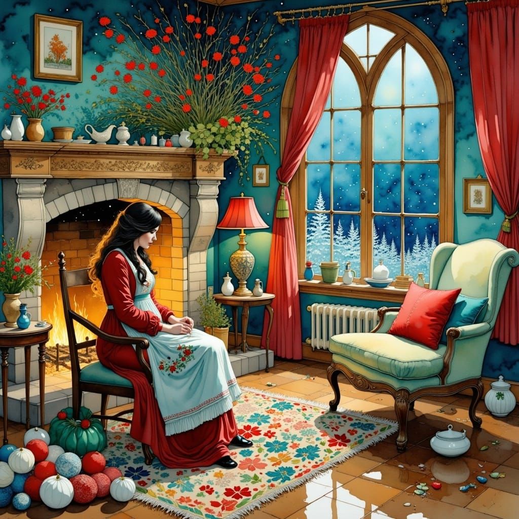 <lora:Dreamy watercolor:1.0> heavy impasto style, Snow maiden at the North Pole sews costumes for Christmas gnomes in Santa's house, cozy fu...