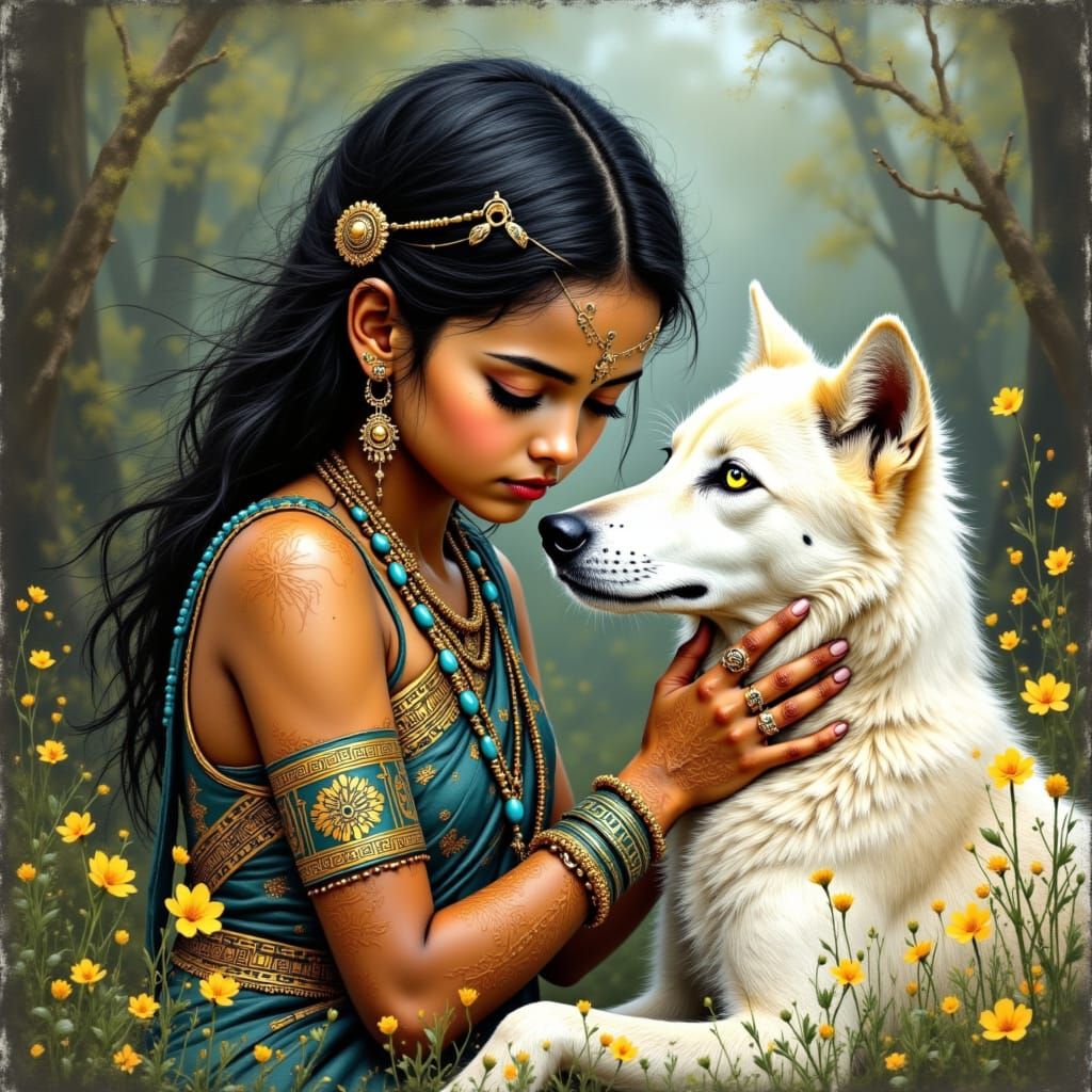 Young Indian Girl Adores Majestic White Wolf Dog in Vibrant ...