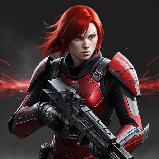 Adult female, red hair, crimson eyes, angry, N7 armor, maste...