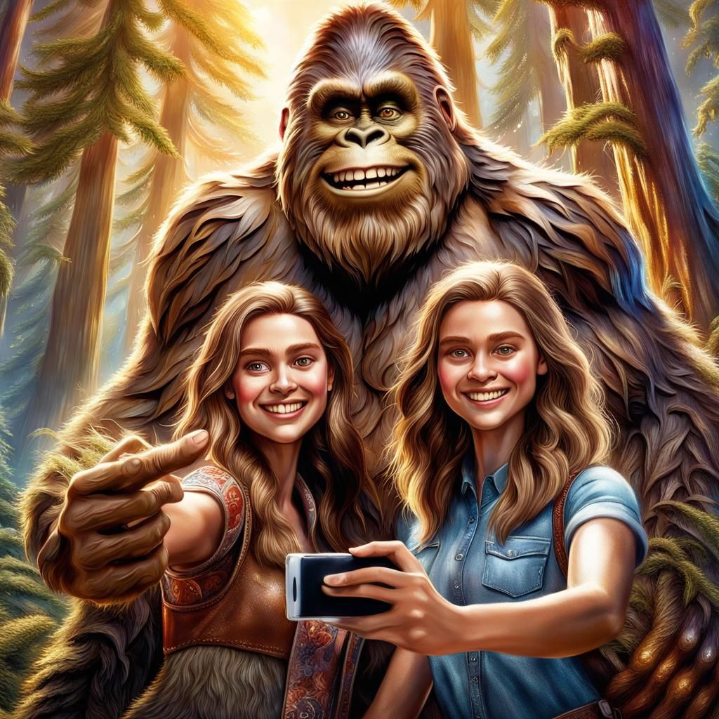 A Friendly Bigfoot with its Two Little Girl Friends Taking Selfie in ...