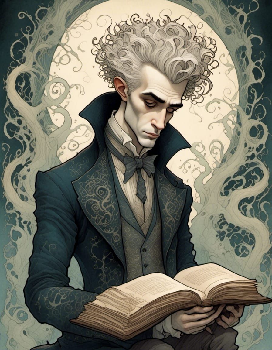 Lovecraftian portrait of a beautiful man,  reading from the necronomicon <lora:Venus in Polyester:1.0> Ink illustration style with intricate...