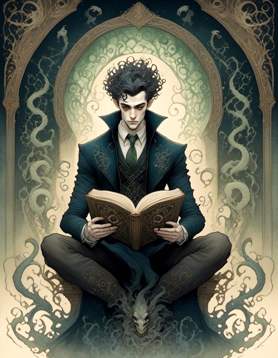 Lovecraftian portrait of a beautiful man,  reading from the necronomicon <lora:Venus in Polyester:1.0> Ink illustration style with intricate...