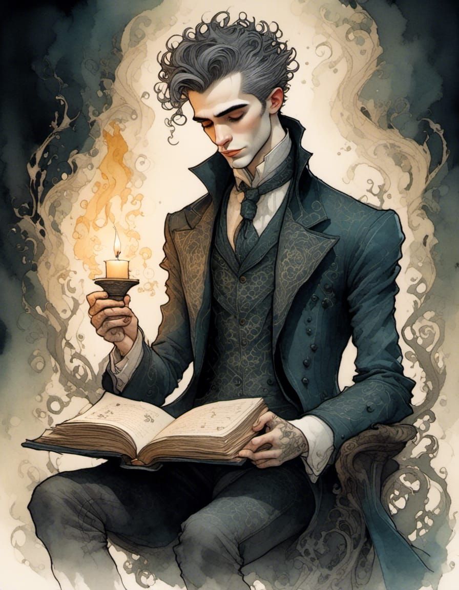 Lovecraftian portrait of a beautiful man,  reading from the necronomicon <lora:Venus in Polyester:1.0> Ink illustration style with intricate...