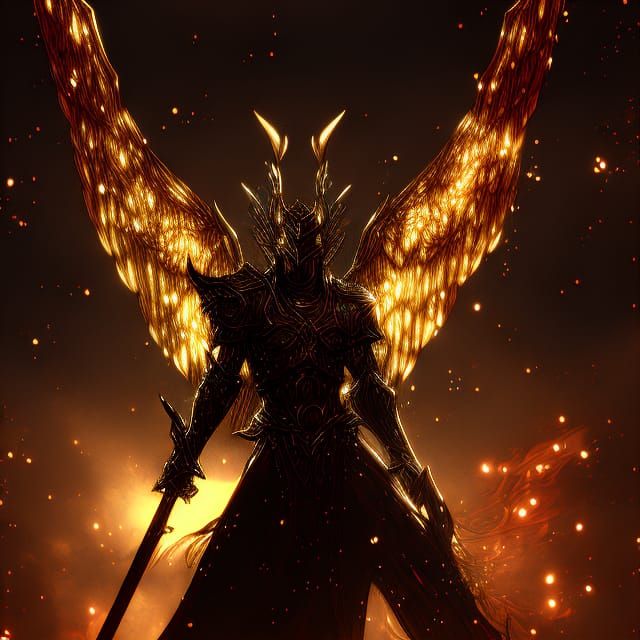 multi winged male angel in gold armor with a sword
