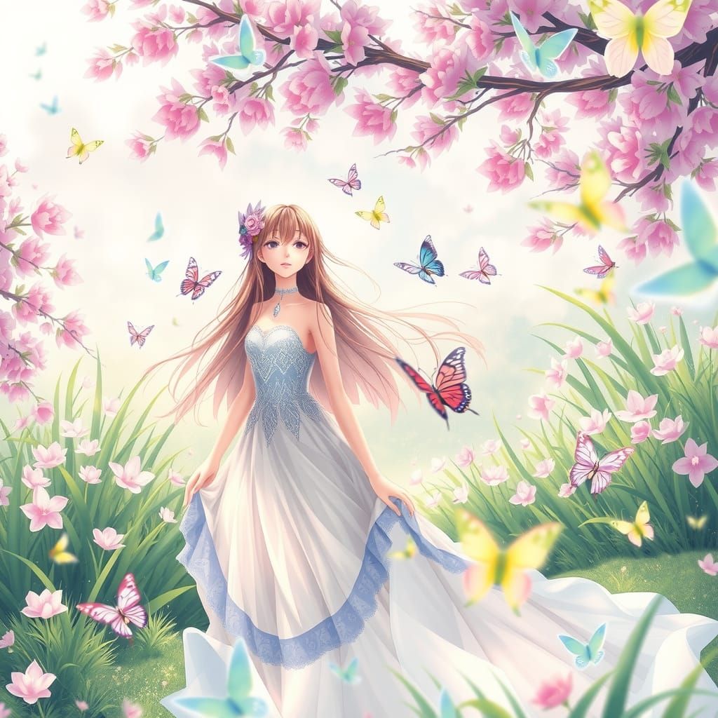 Mystical Woman in Anime Style Meadow