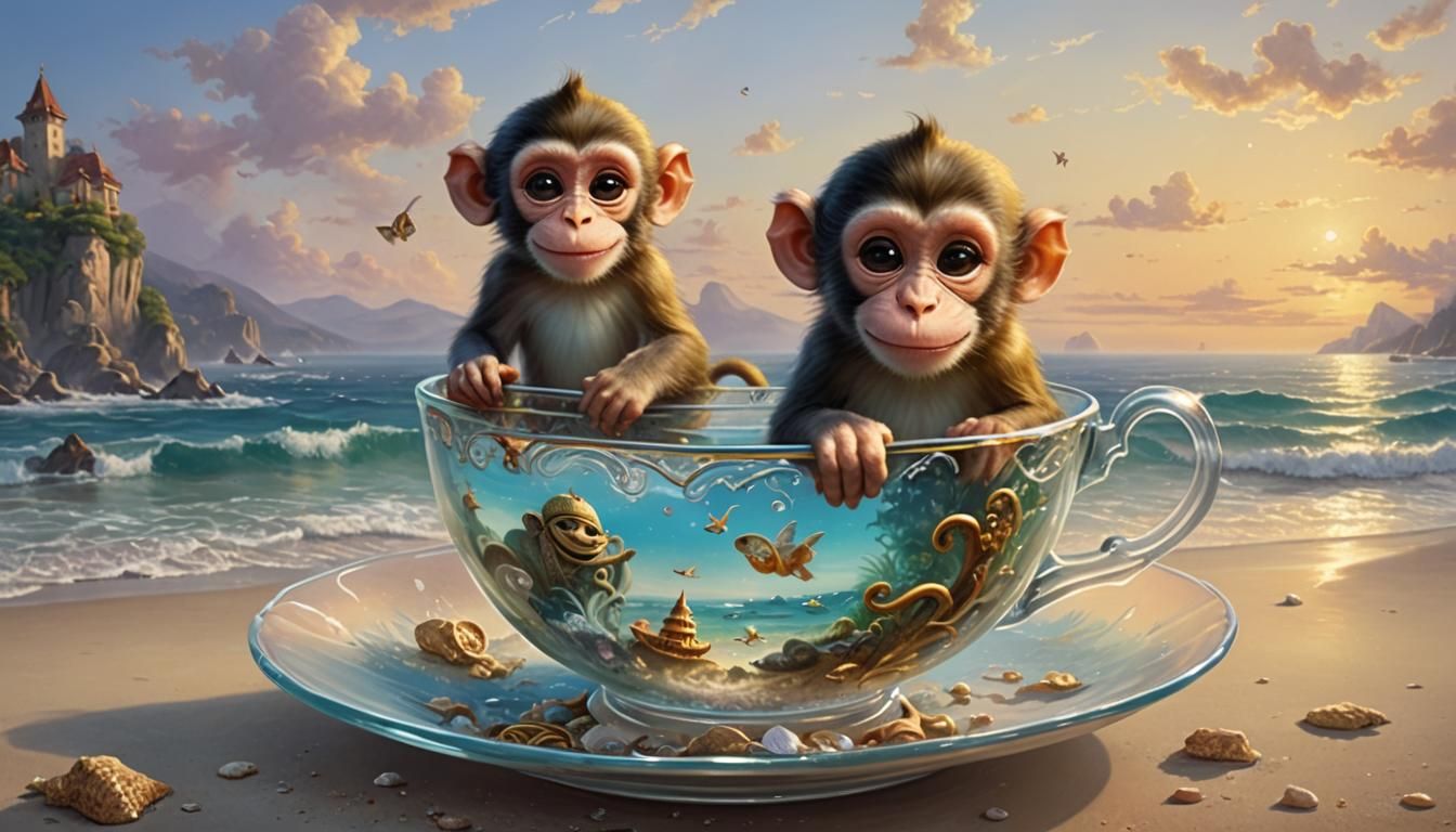 one cute little monkey smile in a surreal transparent teacup...