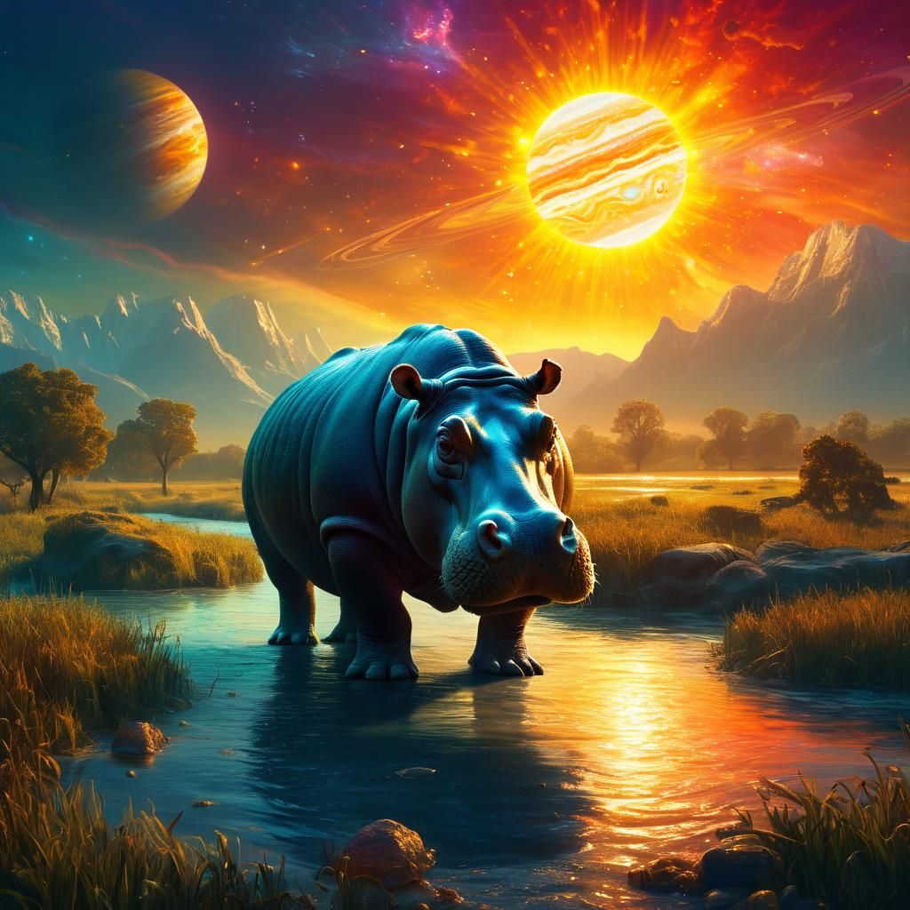 A giant  hippopotamus eats the sun with Jupiter in the background. Ultra realistic 