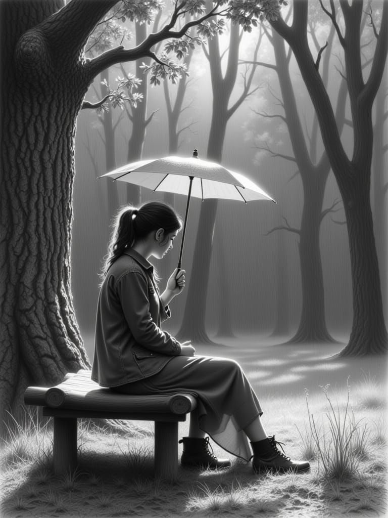 Woman with Umbrella in Rainy Park as Pencil Sketch