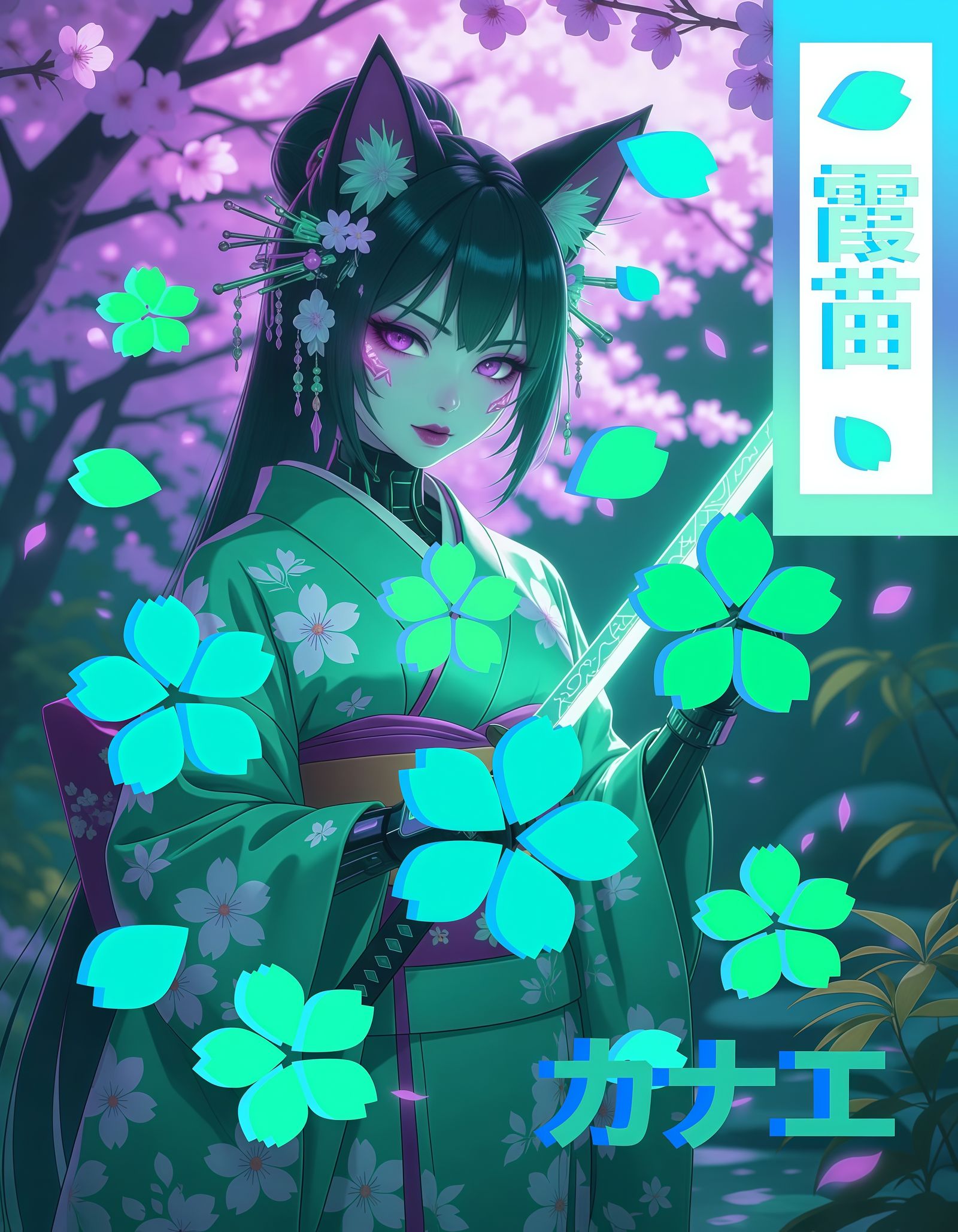 Elegant Aqua Cyberpunk Kitsune Kanae