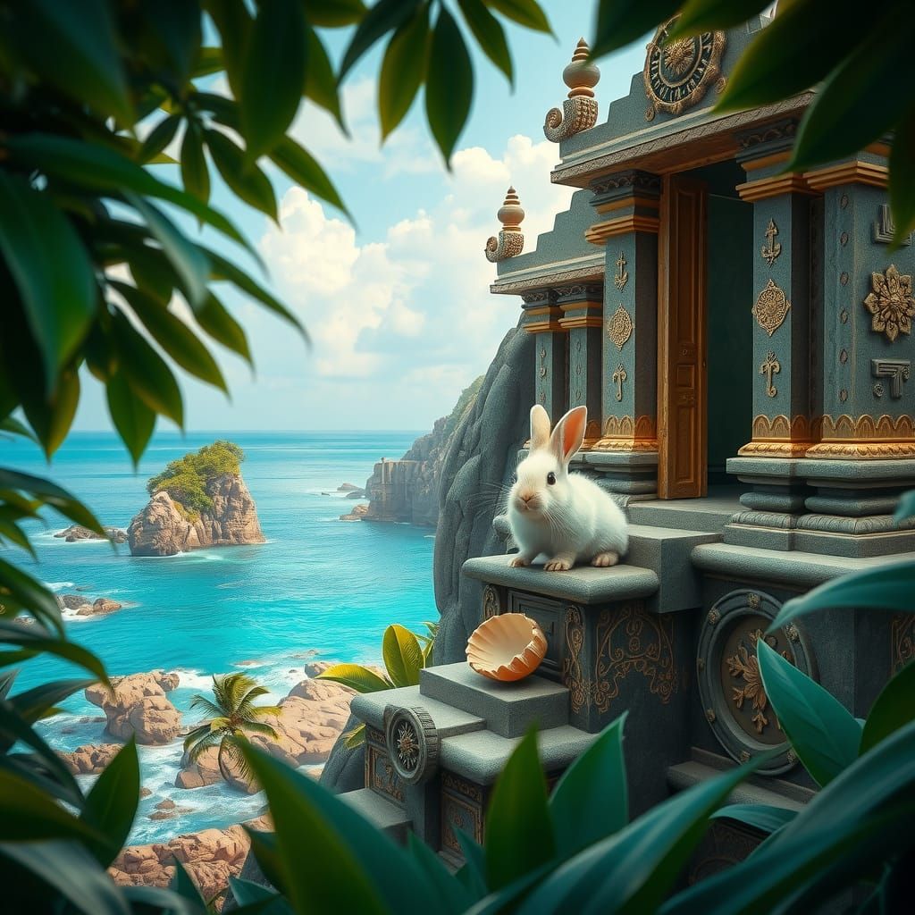 Lush Temple Coastline with Rabbit, Fantastical Art