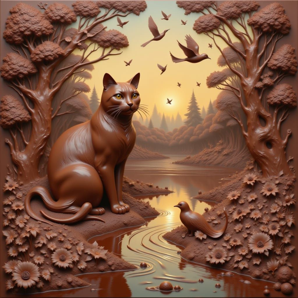 <lora:Made of Chocolate:1.0>  made of chocolate, an oil painting, A fantasy scene made entirely of brown chocolate—cat, trees, lake, birds, ...