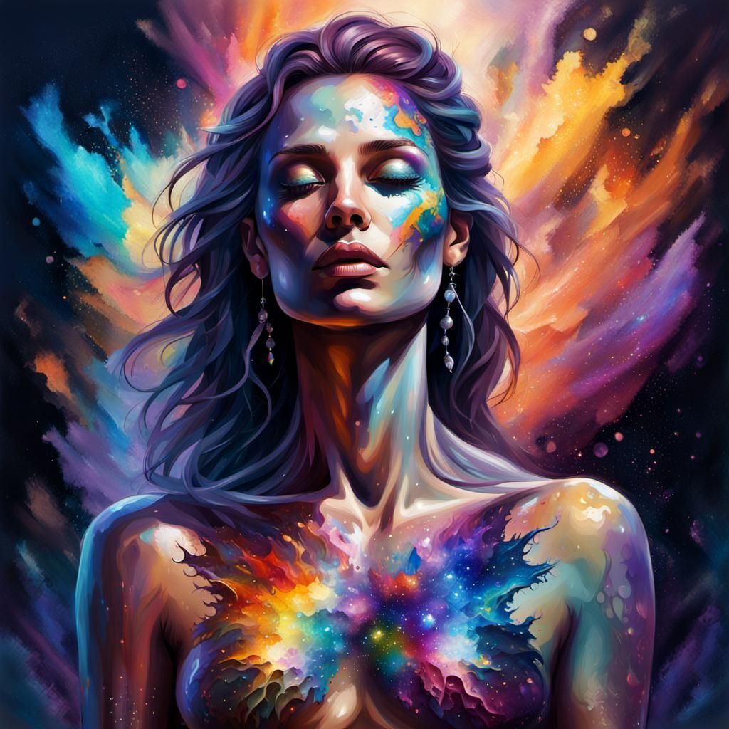 detailed oil painting of shirtless chest pretty female. less...