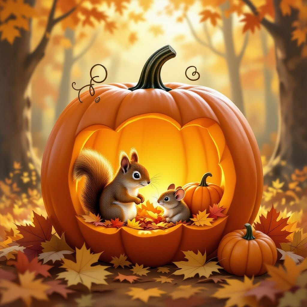 A cozy autumn forest scene featuring a large, translucent pumpkin acting as a whimsical enclosure. Inside the pumpkin, a curious squirrel an...
