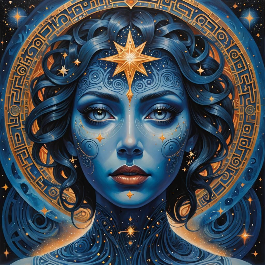 Blue-Skinned Woman in a Surrealist Labyrinth of Thoughts