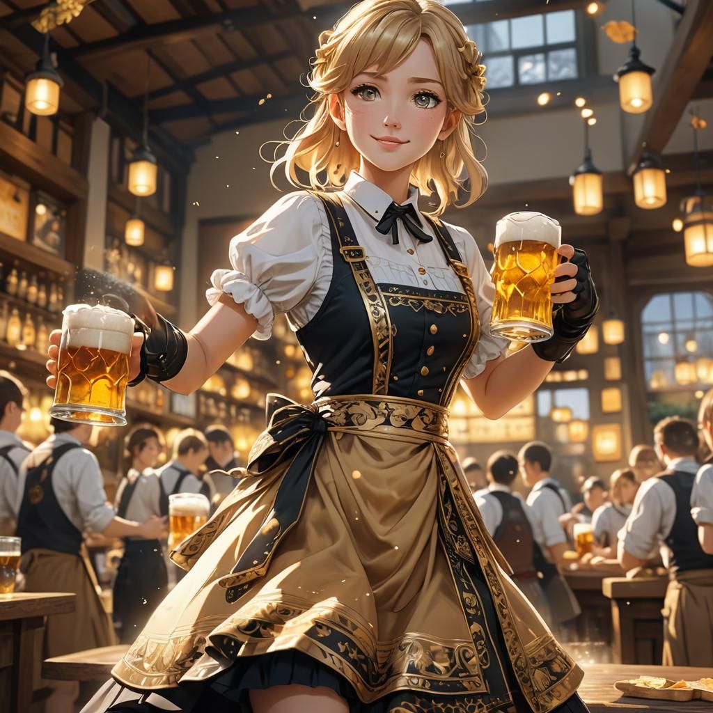 Beautiful German woman from Oktoberfest with beer mugs rushes to customers By artist "anime", 3d anime ...  by @Likvi
