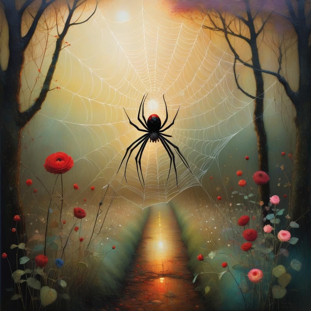Dreamy Spiderweb in Impressionistic Autumn Landscape