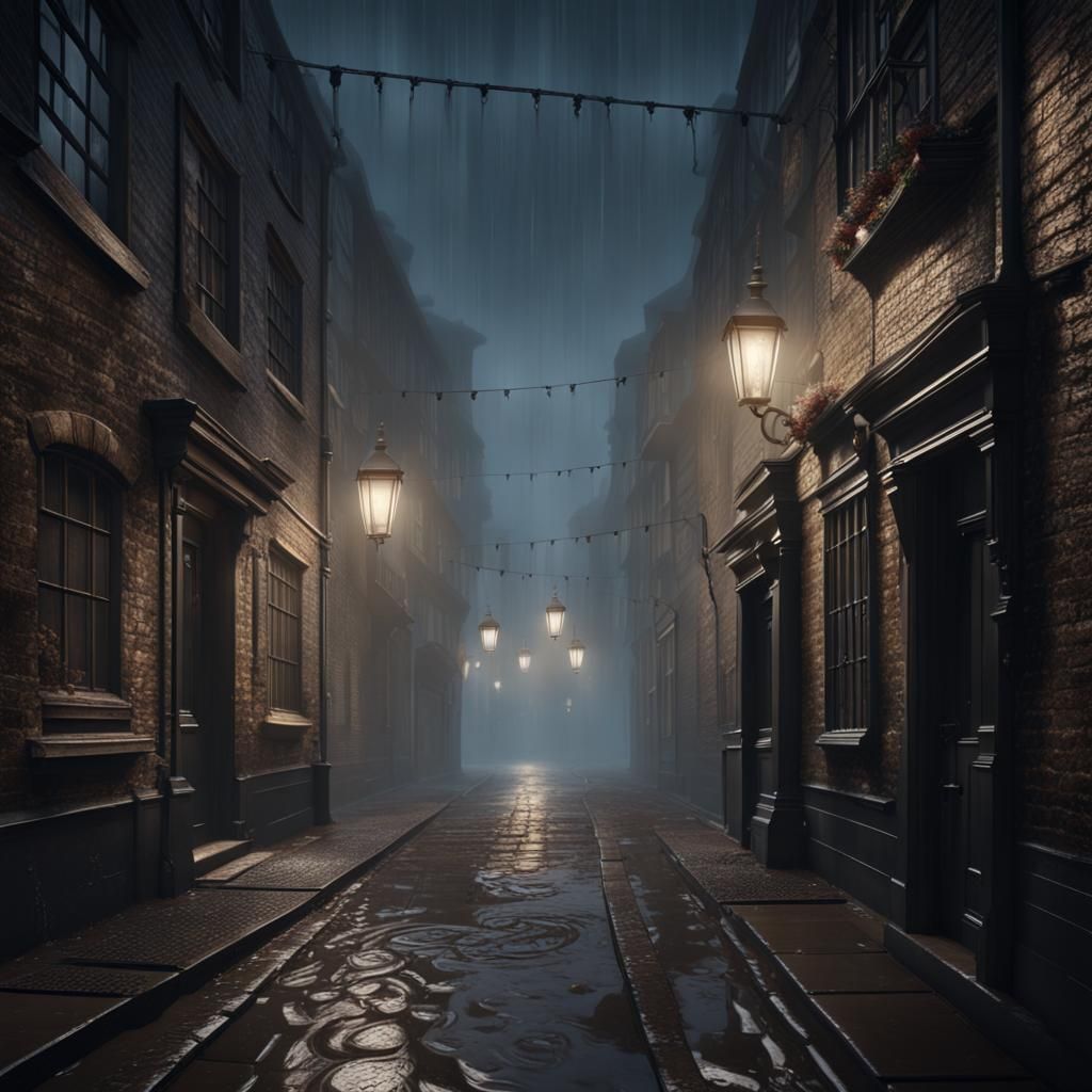 foggy dark alley in 1700's London with drizzle - AI Generated Artwork ...