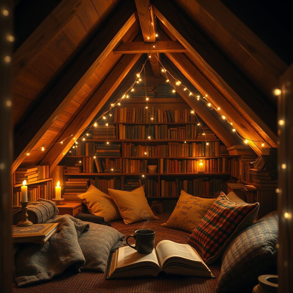 A cozy attic reading nook glowing with candlelight  by @Gothic creater