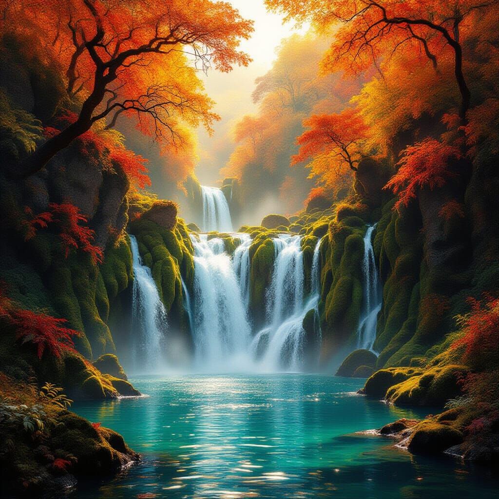 Majestic Autumn Waterfall in Ethereal Forest