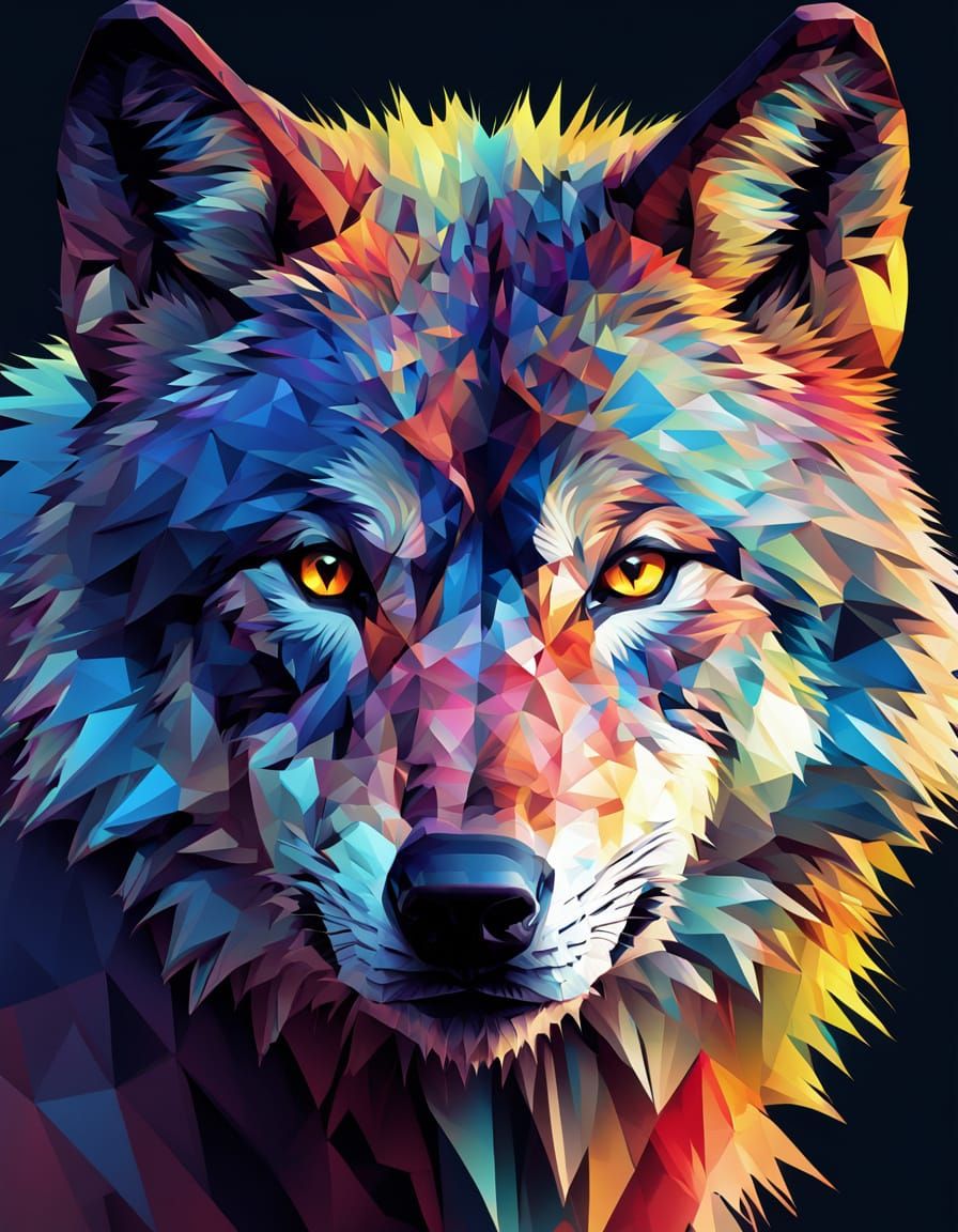 Geometry, beautiful sharp edges, fierce wolf made of polygons, geometric abstract art, colourful paint, ...  by @Dark Magoo